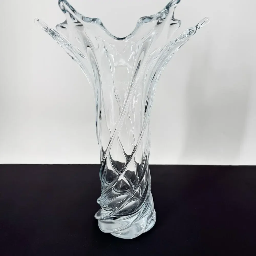 Vintage MCM Murano Archimede Seguso Twisted Clear Glass Vase Flared Rim